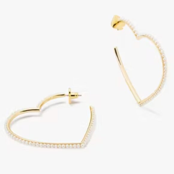 NWOT - Kate Spade Rose Gold Shining Spade Pearl Heart Hoops - Picture 1 of 14